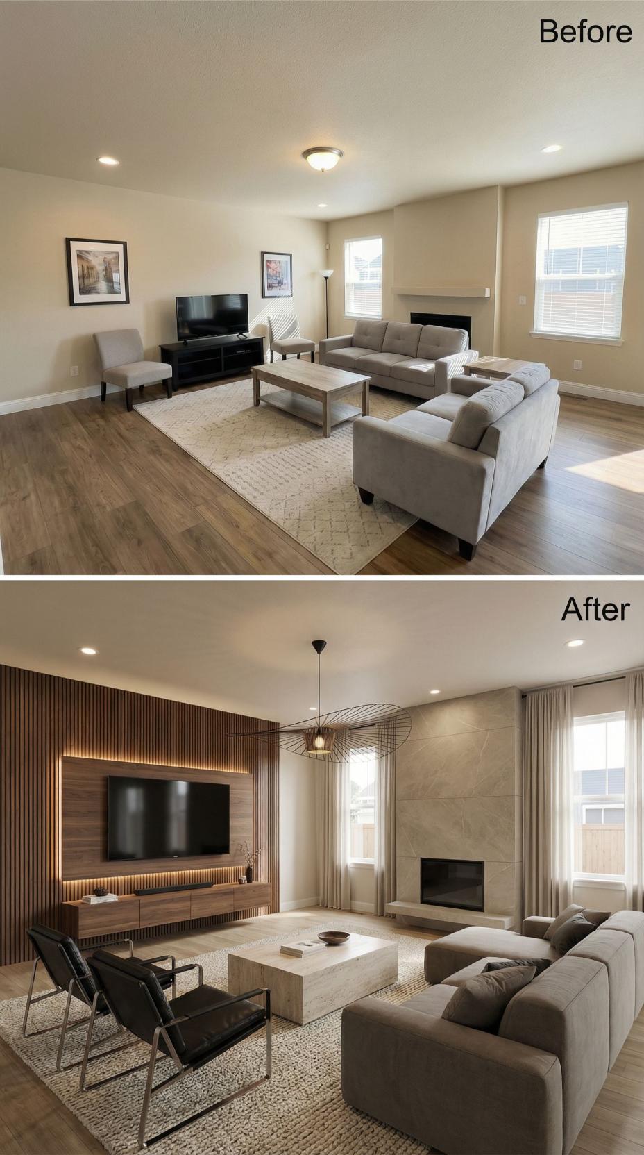Slat Wall Backlighting and a Travertine Fireplace Surround Retire the TV Stand for Good