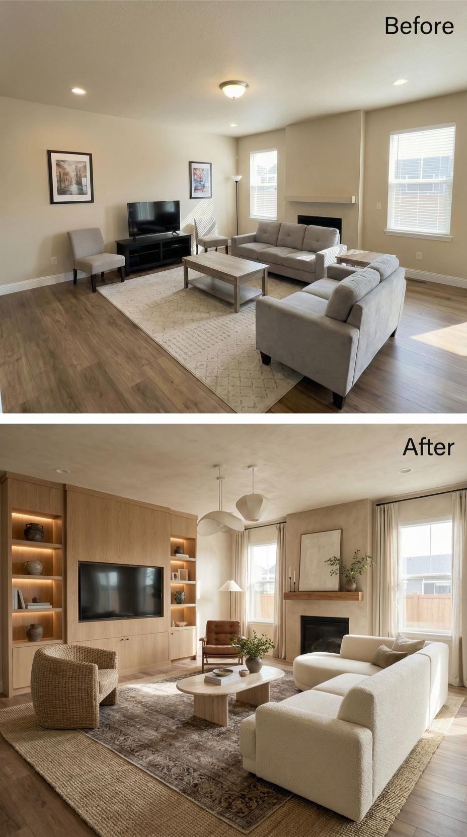 Bleached Oak Built-Ins and a Boucle Sectional Make the TV Stand a Distant Memory