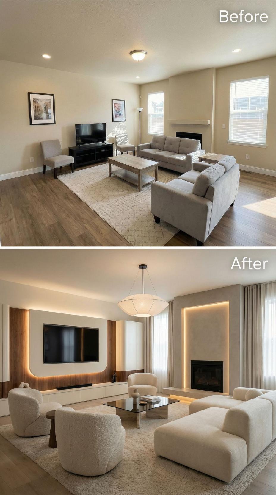 LED Cove Lighting and a Walnut Slat Wall Finish Off the Gray Sofa Era