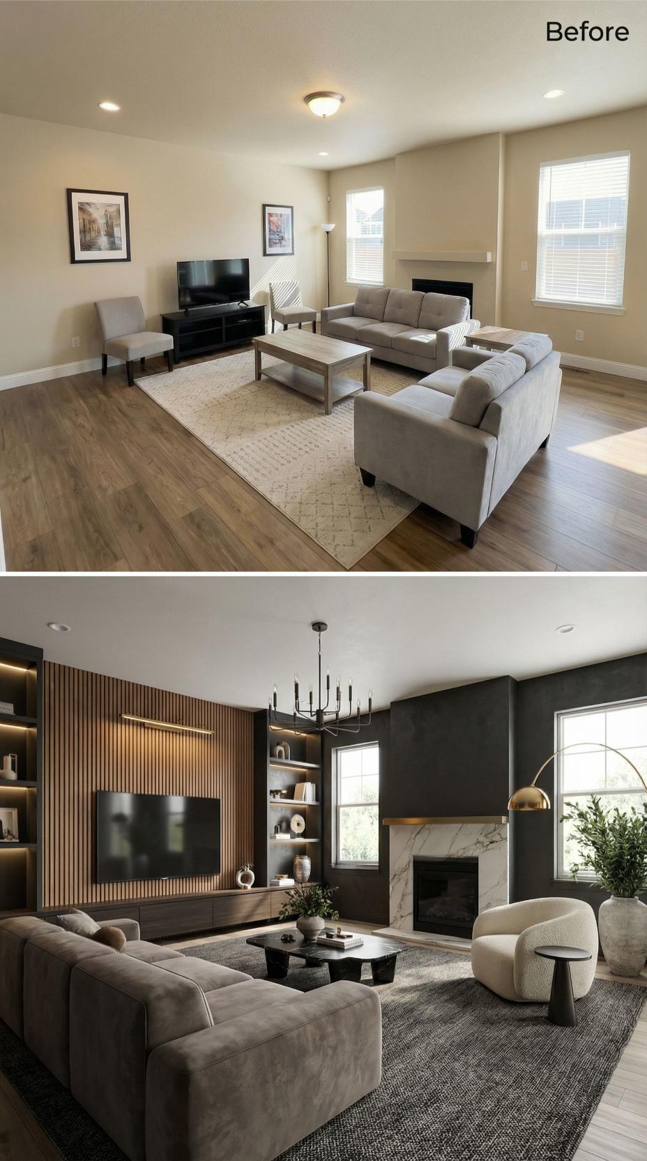 Dark Walls and a Slatted Walnut Media Wall Bury the TV Stand and Beige Era
