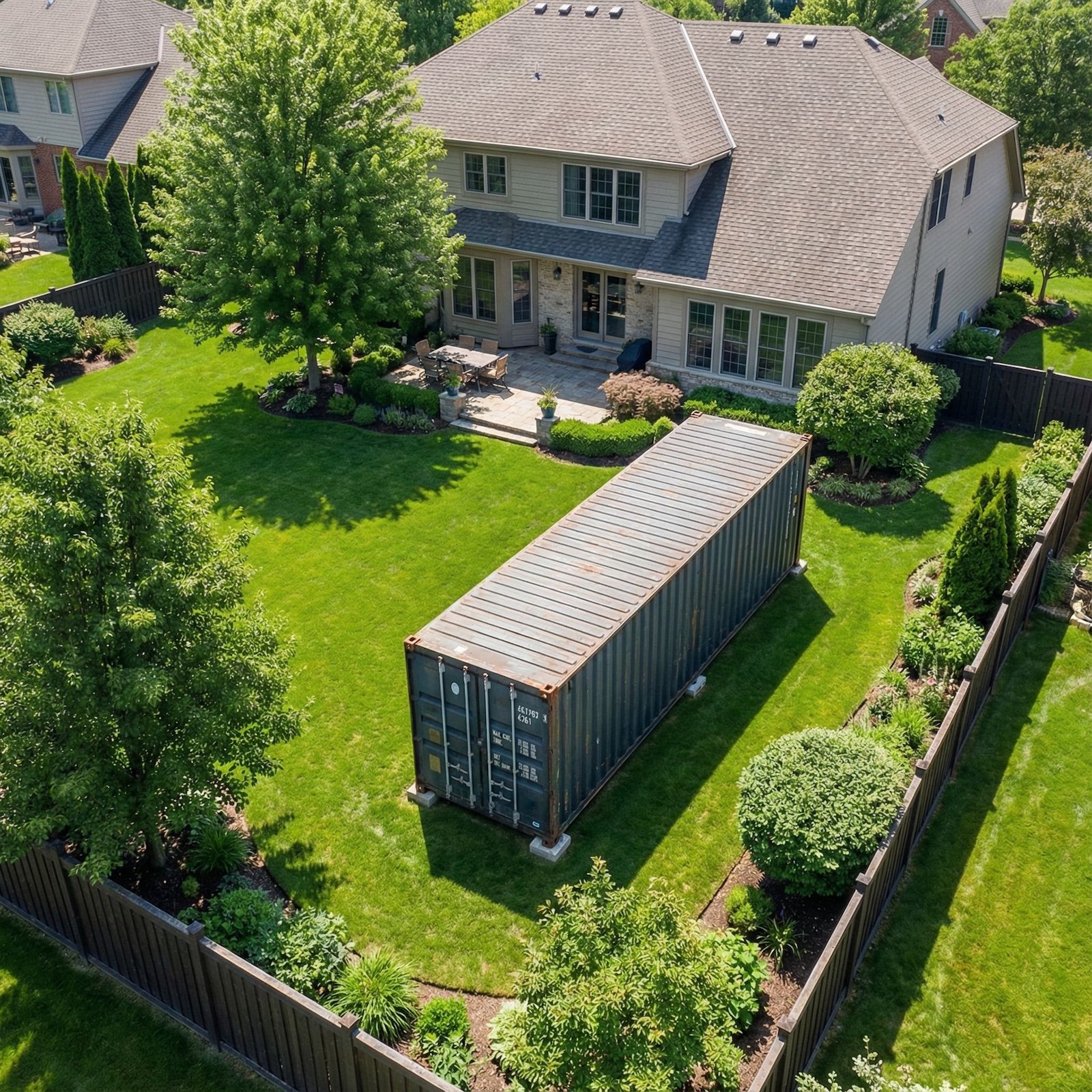 Family of Four Bought a 40′ Shipping Container for Cheap. We Badly Need Design Ideas. We Uploaded an Image of It In Our Backyard to AI and Asked for 35 Ideas. These Are the Before & After Results