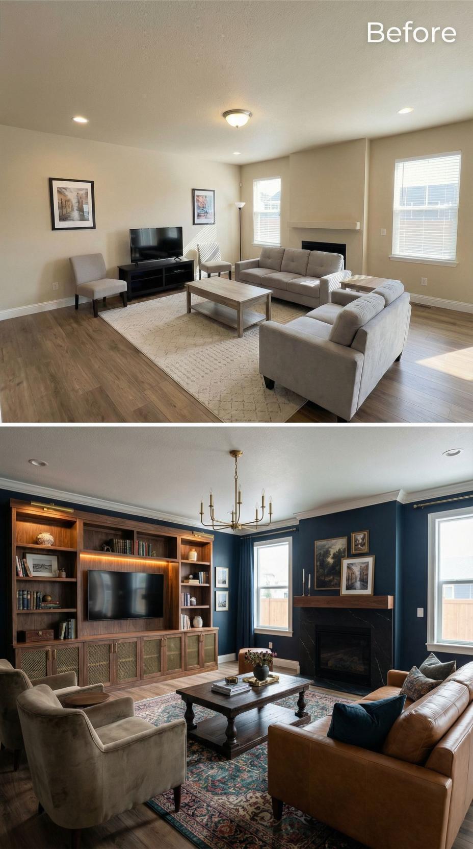 Navy Walls and Walnut Built-Ins Displace the Gray Sectional and Flat-Screen Stand