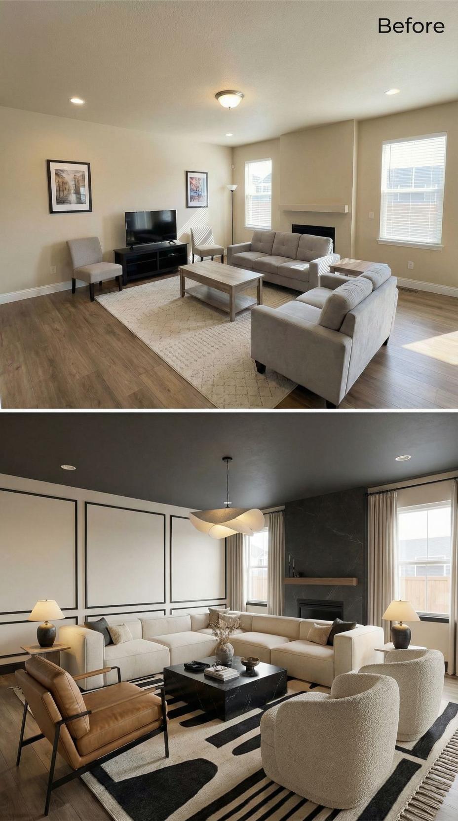 Painted Ceiling in Charcoal and Board-Trim Walls Erase the Beige-and-Gray Blueprint