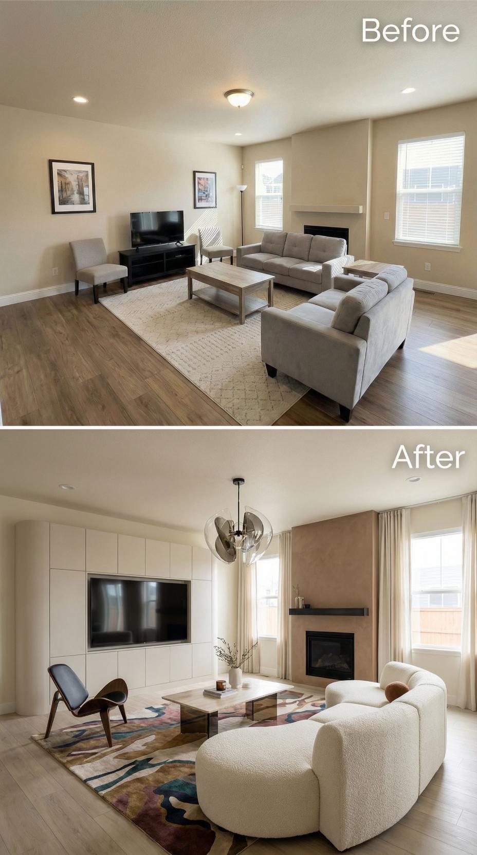 Grid-Panel TV Wall and Bouclé Curves Retire the Gray Sectional Standoff