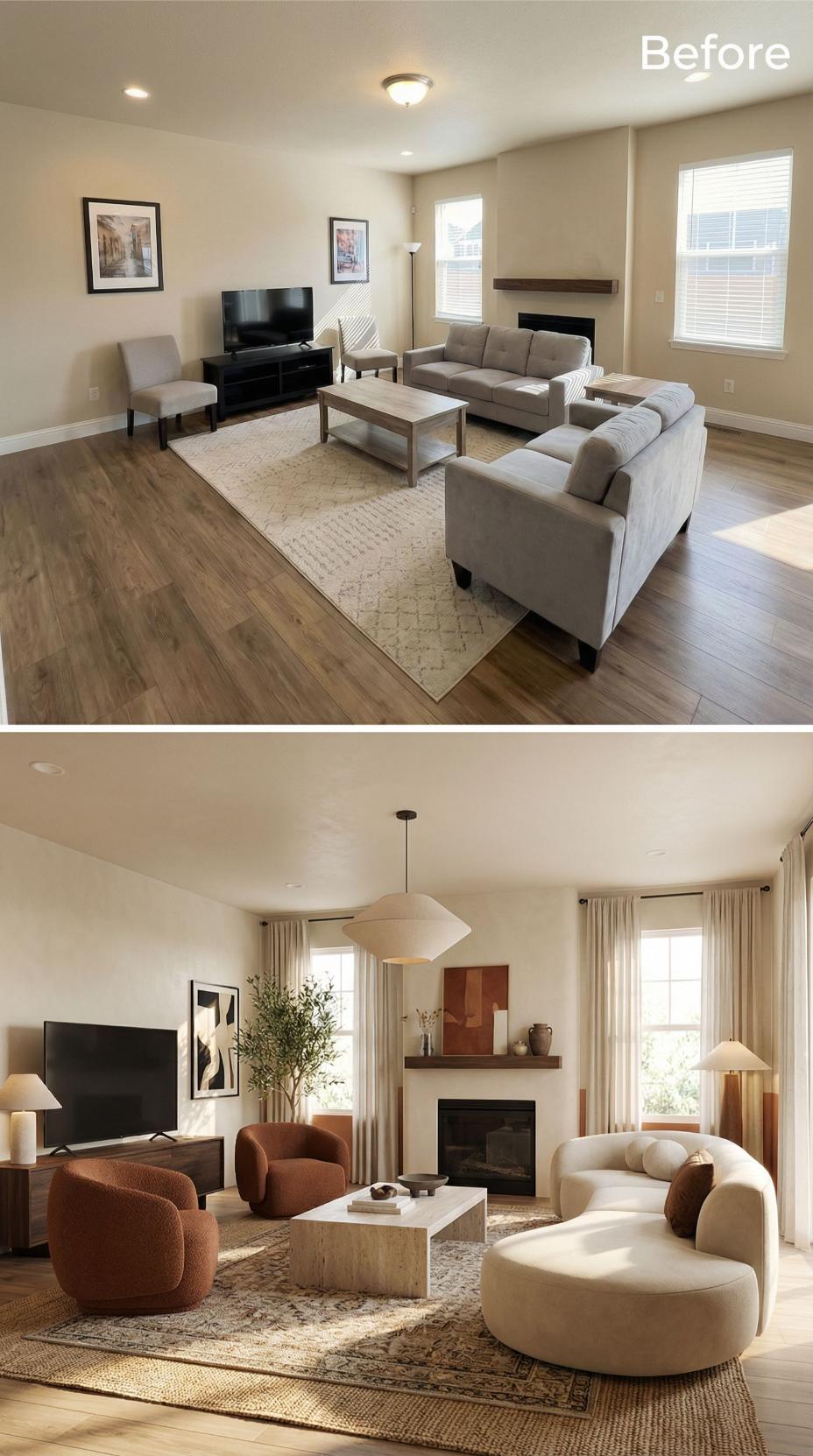 Rust Bouclé Chairs and a Travertine Coffee Table Displace the Gray Sectional Standoff