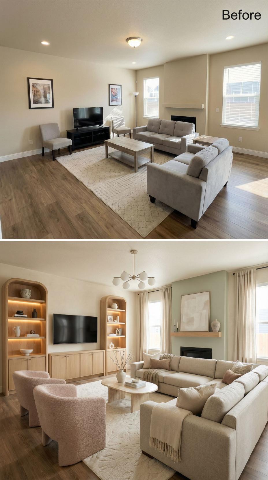 Arched Oak Built-Ins and Warm Shelf Lighting Retire the Black TV Stand Standoff