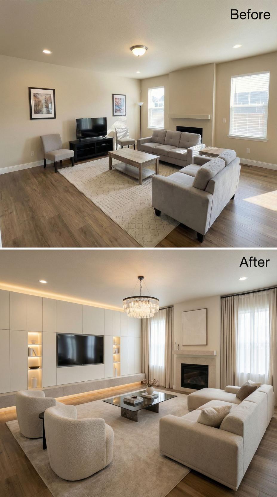 Crystal Chandelier and Flush Cabinet Wall Swap Out the TV Stand and Framed Prints
