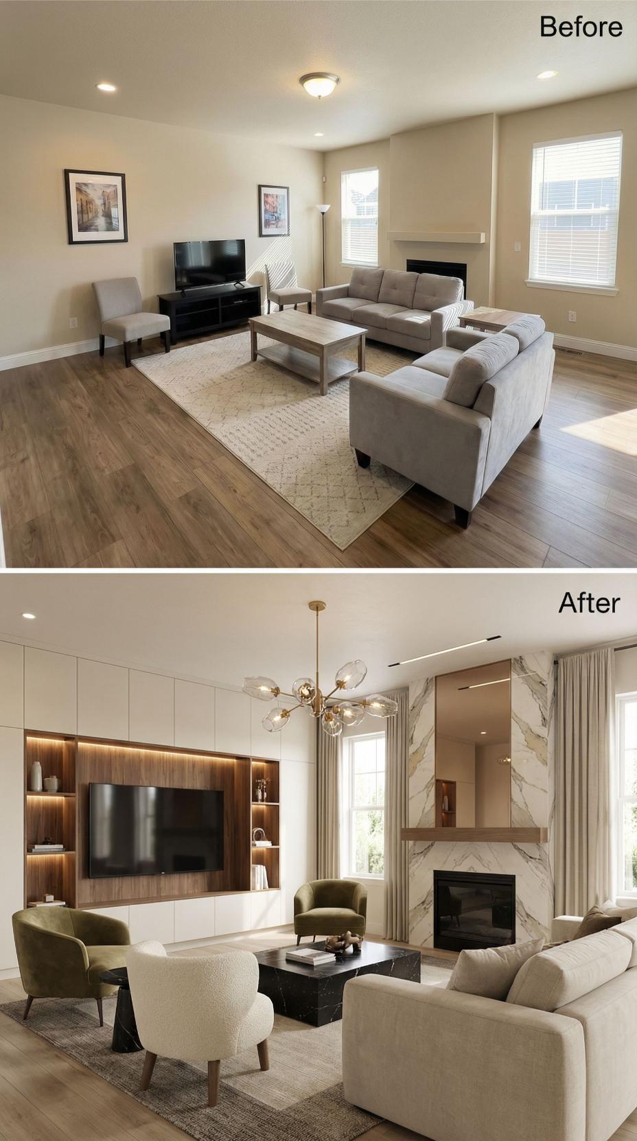 Walnut Slat Built-Ins and a Calacatta Fireplace Wall Close the Chapter on Gray Sofas and TV Stands