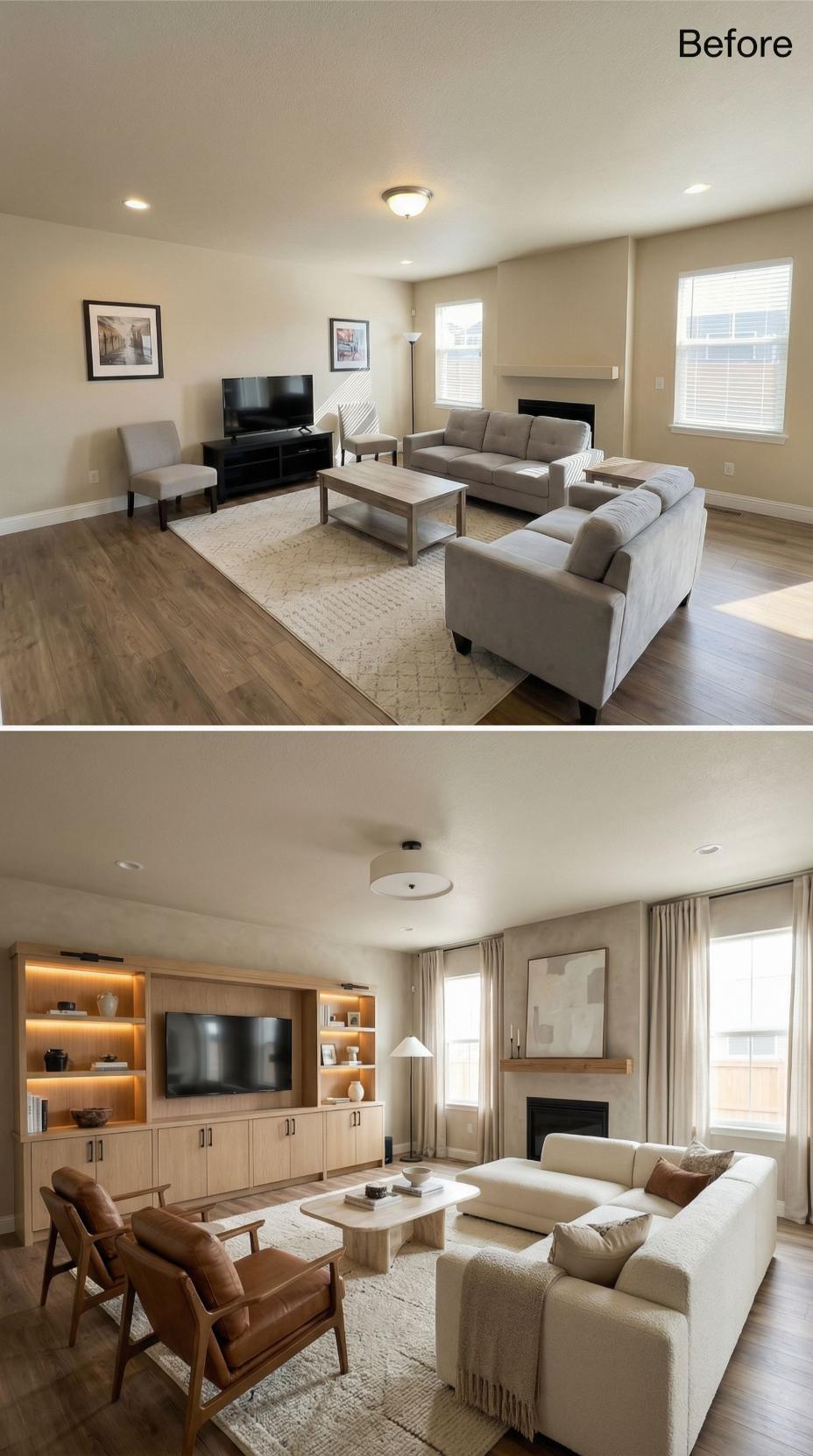 Light Oak Built-Ins with Shelf Lighting End the Black TV Stand Era