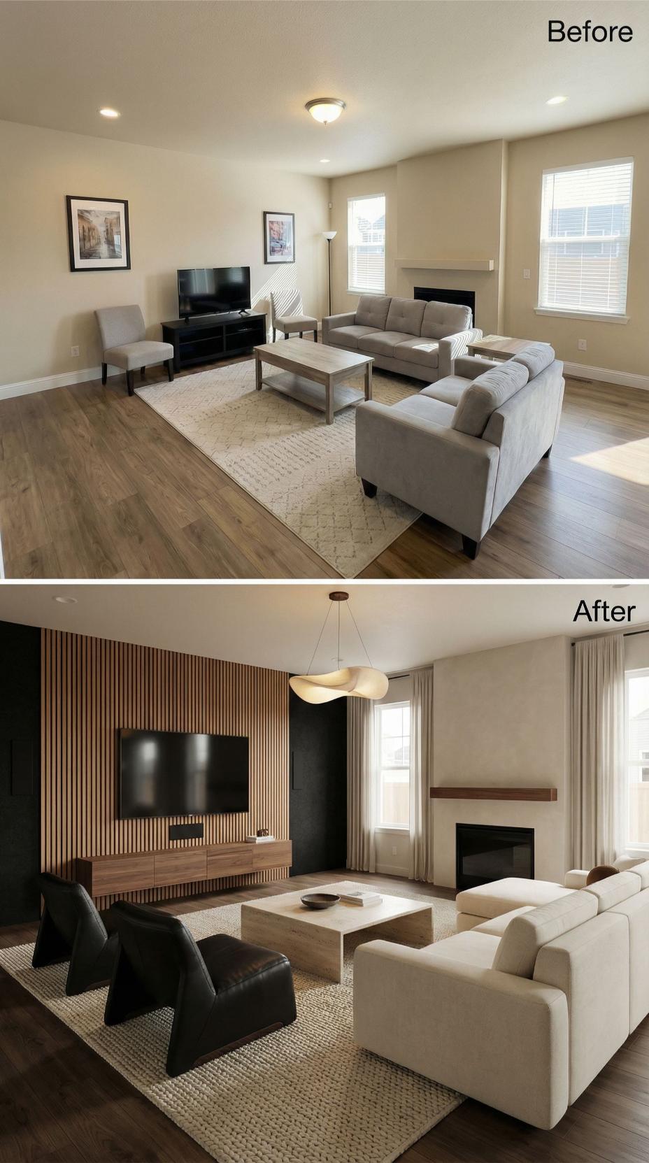 Vertical Wood Slats and a Black Leather Chair Close the Door on Beige