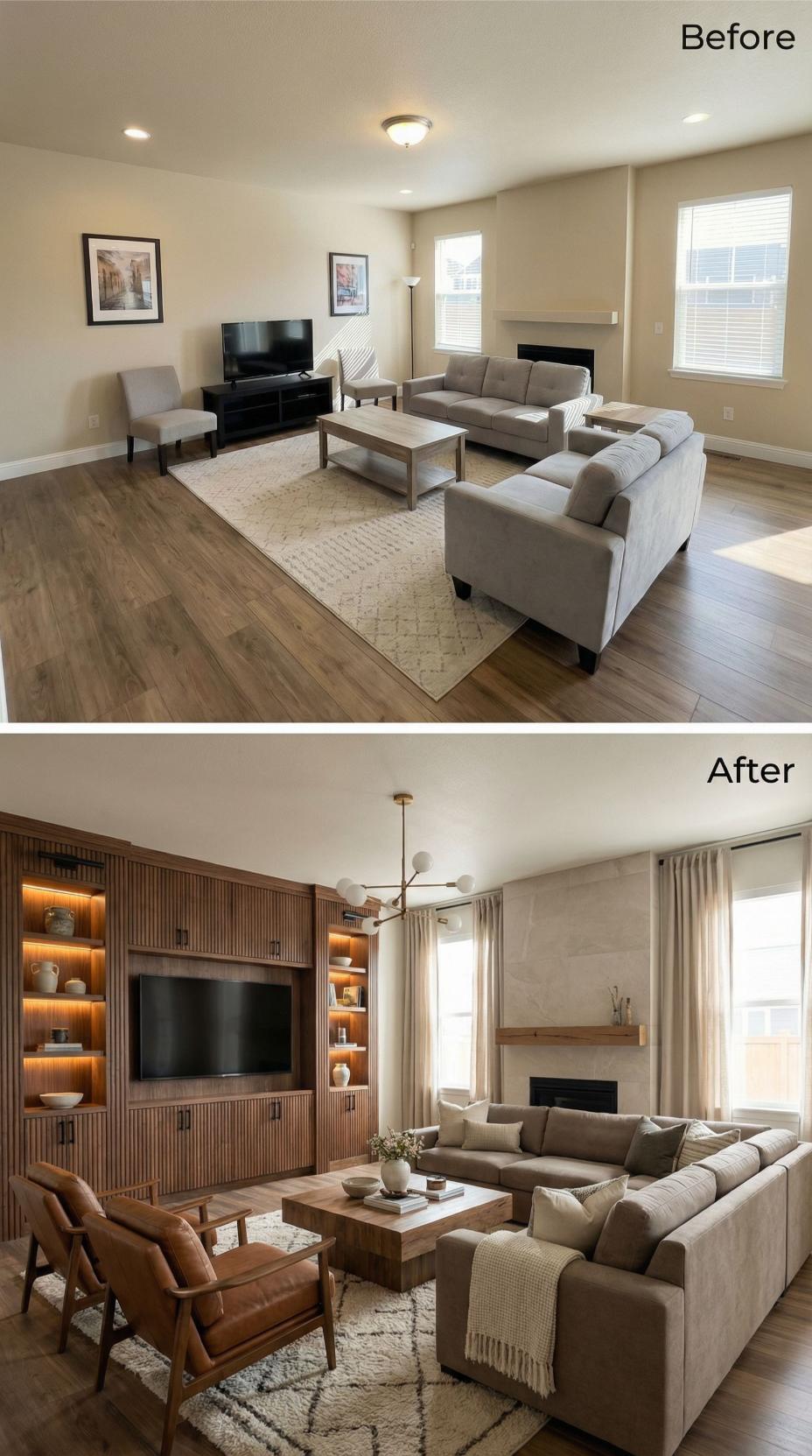 Fluted Walnut Built-Ins and a Cognac Leather Chair Retire the TV Stand for Good