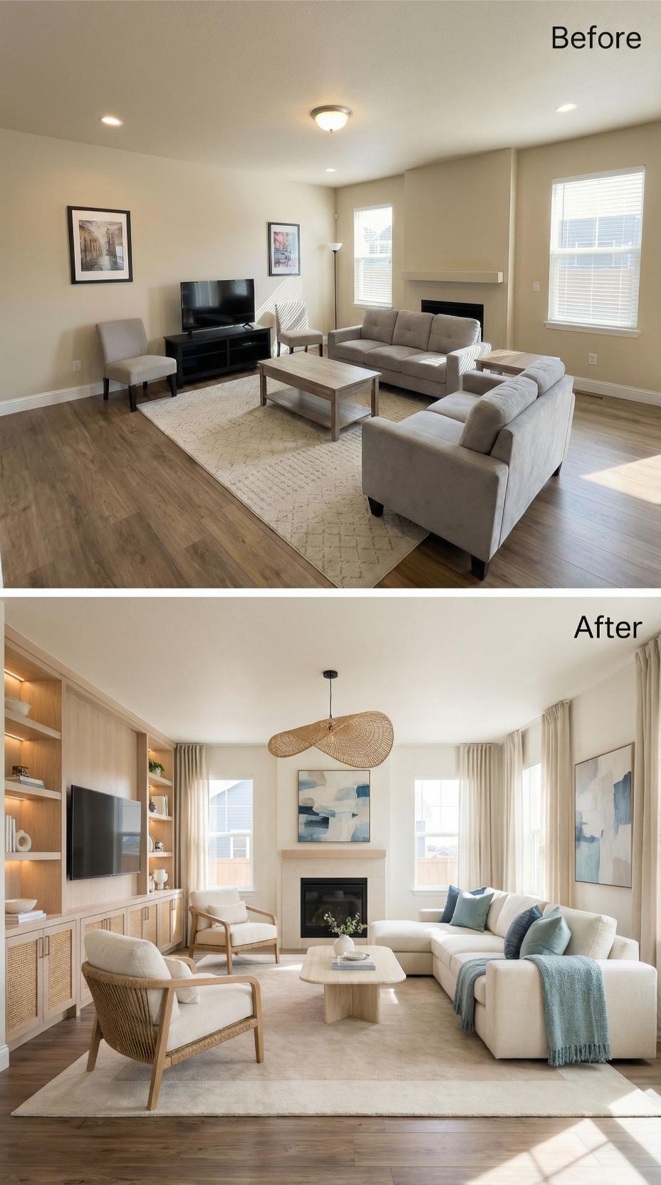 Rattan Pendant and Bleached Oak Built-Ins Displace the Gray Sofa Standoff