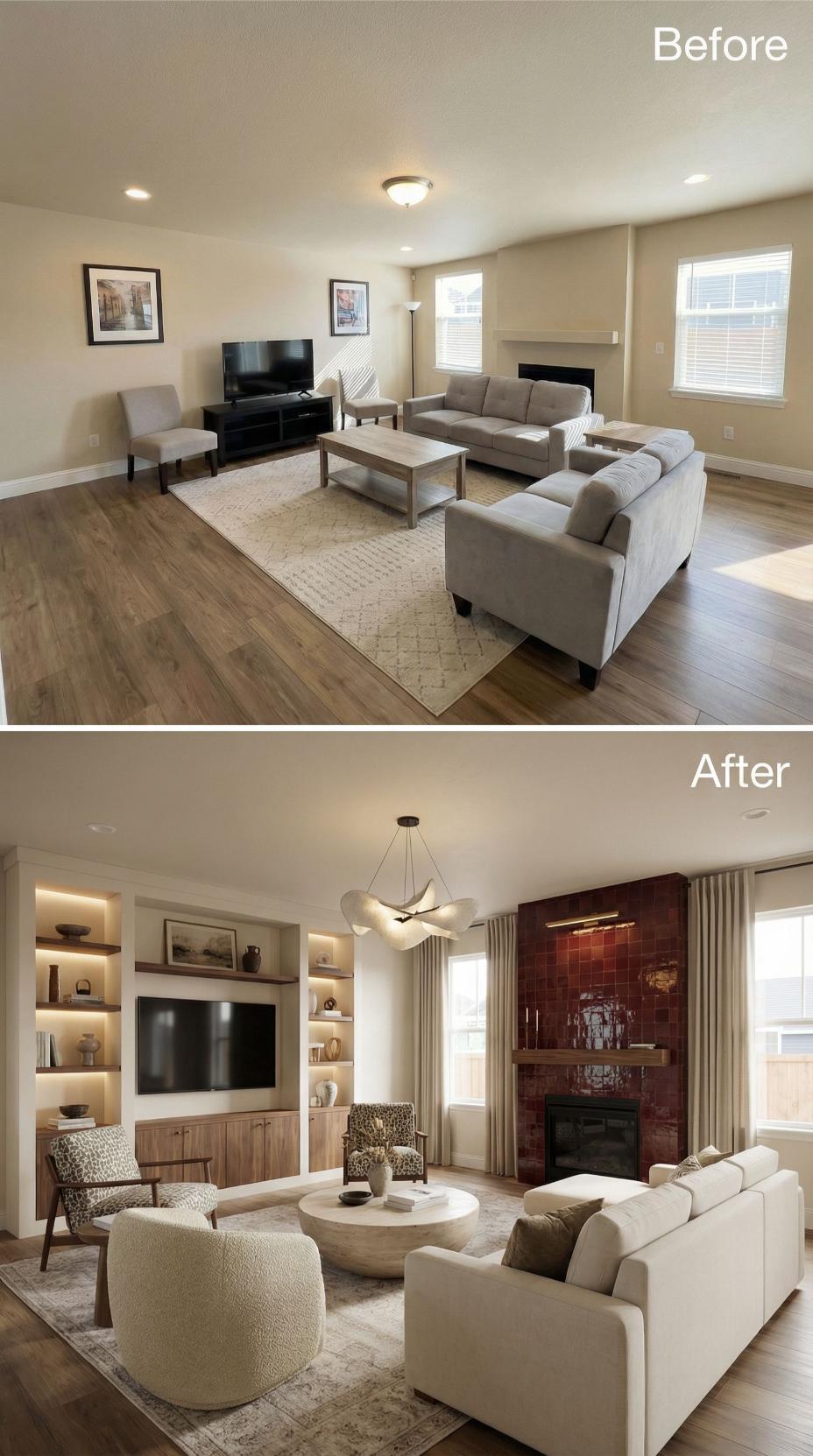 Glazed Burgundy Tile and Backlit Built-Ins Retire the TV Stand and Framed Prints
