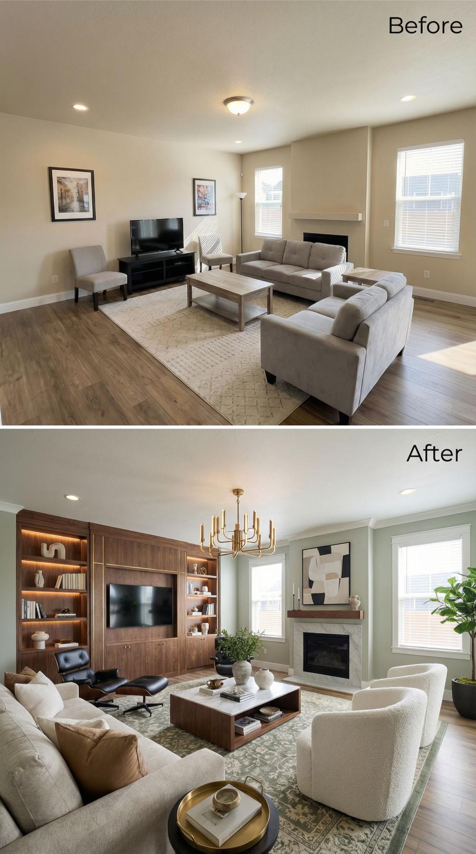 Walnut Built-In Wall and Gold Chandelier Close the Chapter on Beige