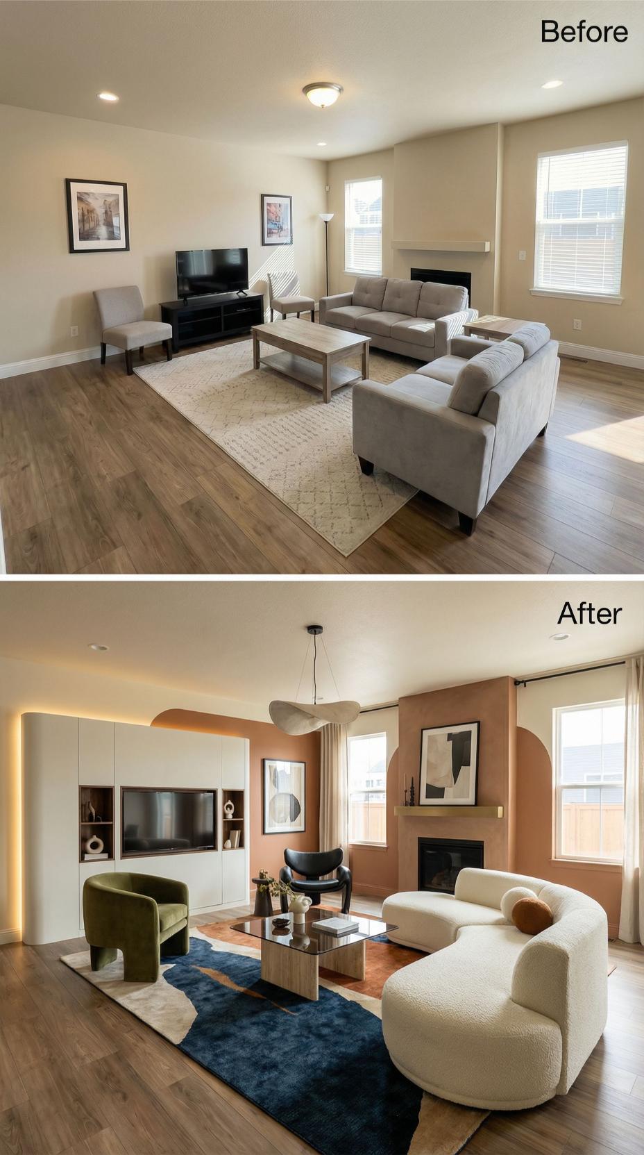 Terracotta Paint and a Boucle Sofa Bury the Gray Sectional and TV Stand