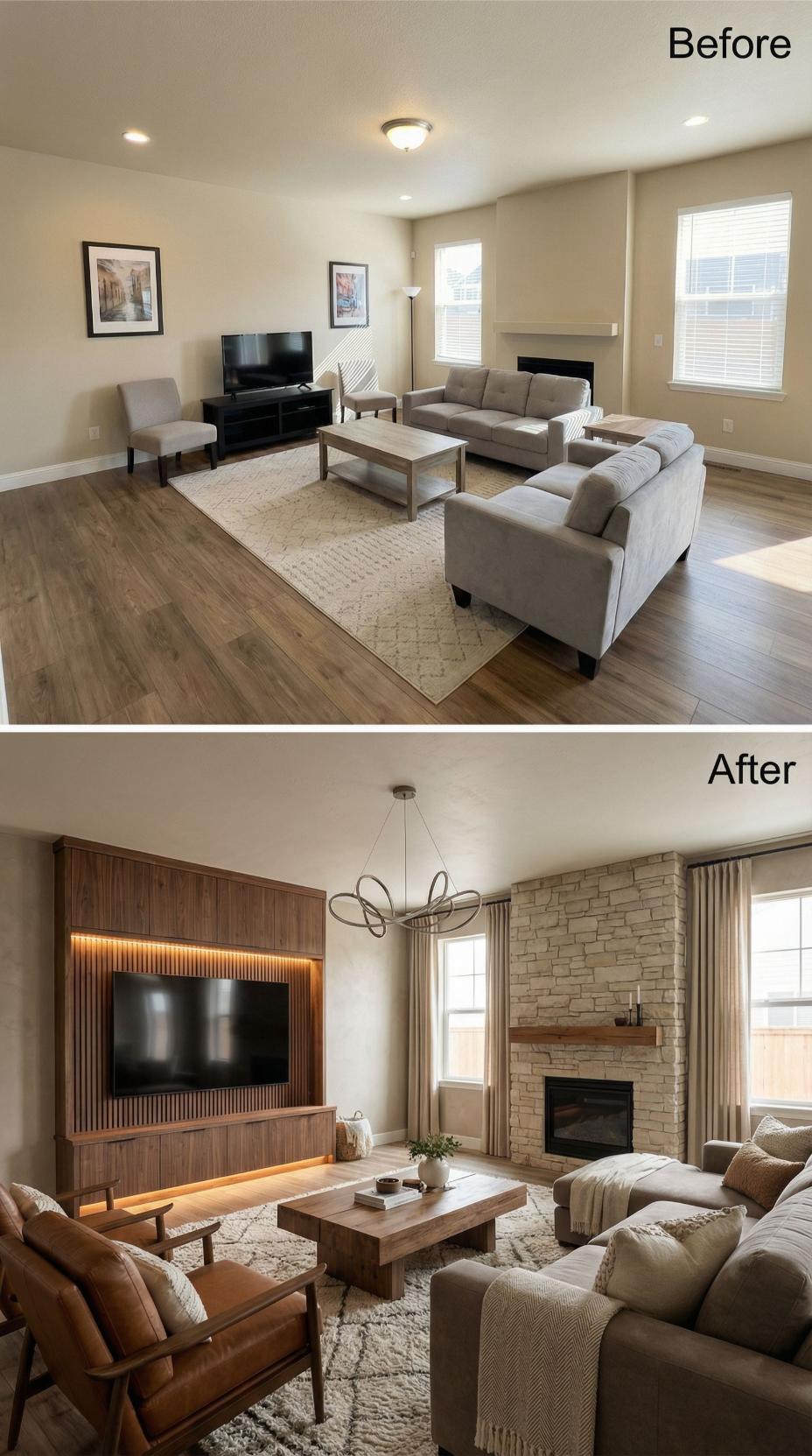 Stone Fireplace Surround and Walnut Slat Wall Pull a Sparse Room Toward Something Considered