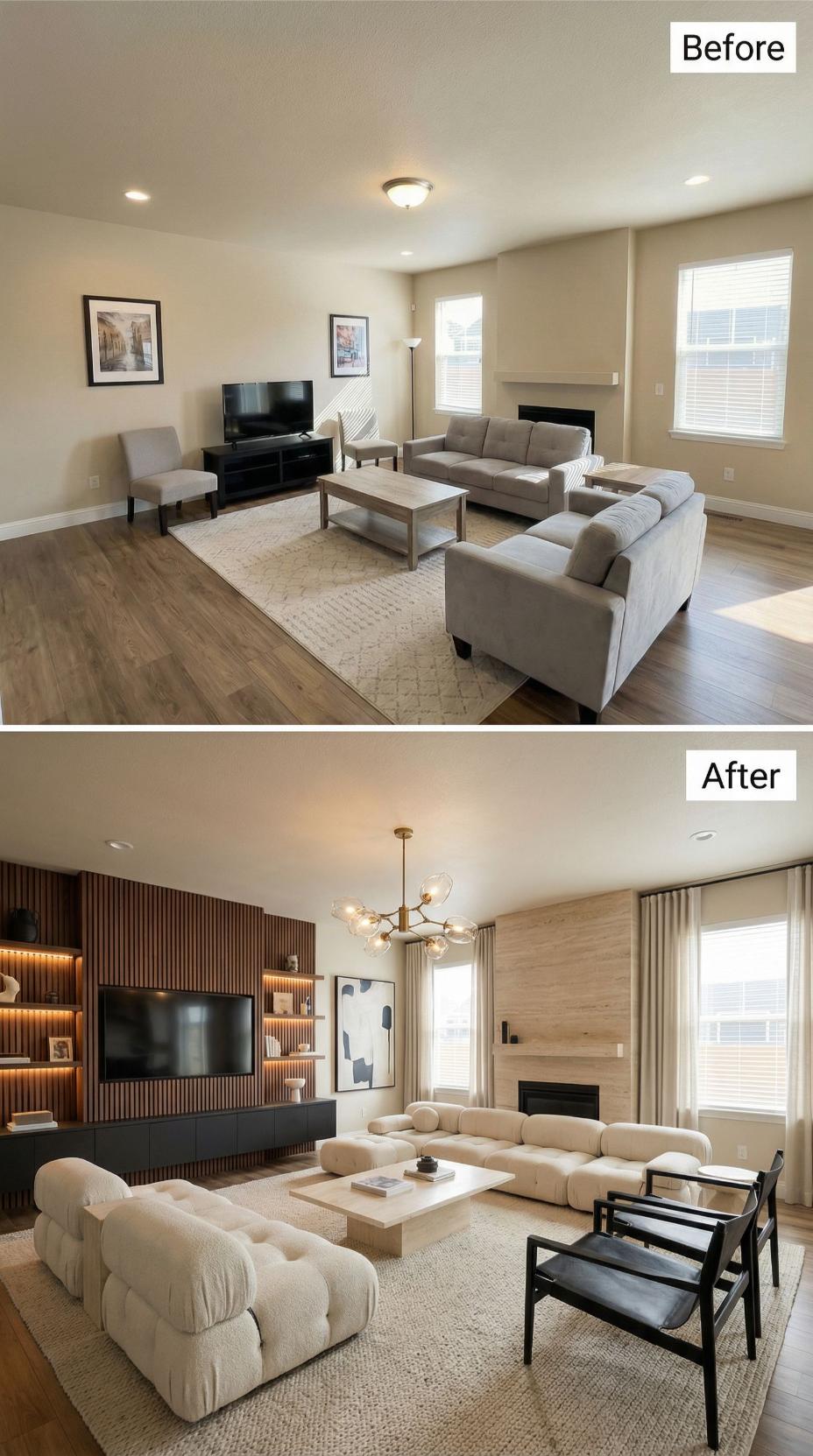 Dark Slat Panels and a Brass Bubble Chandelier Replace the Gray Sofa Default