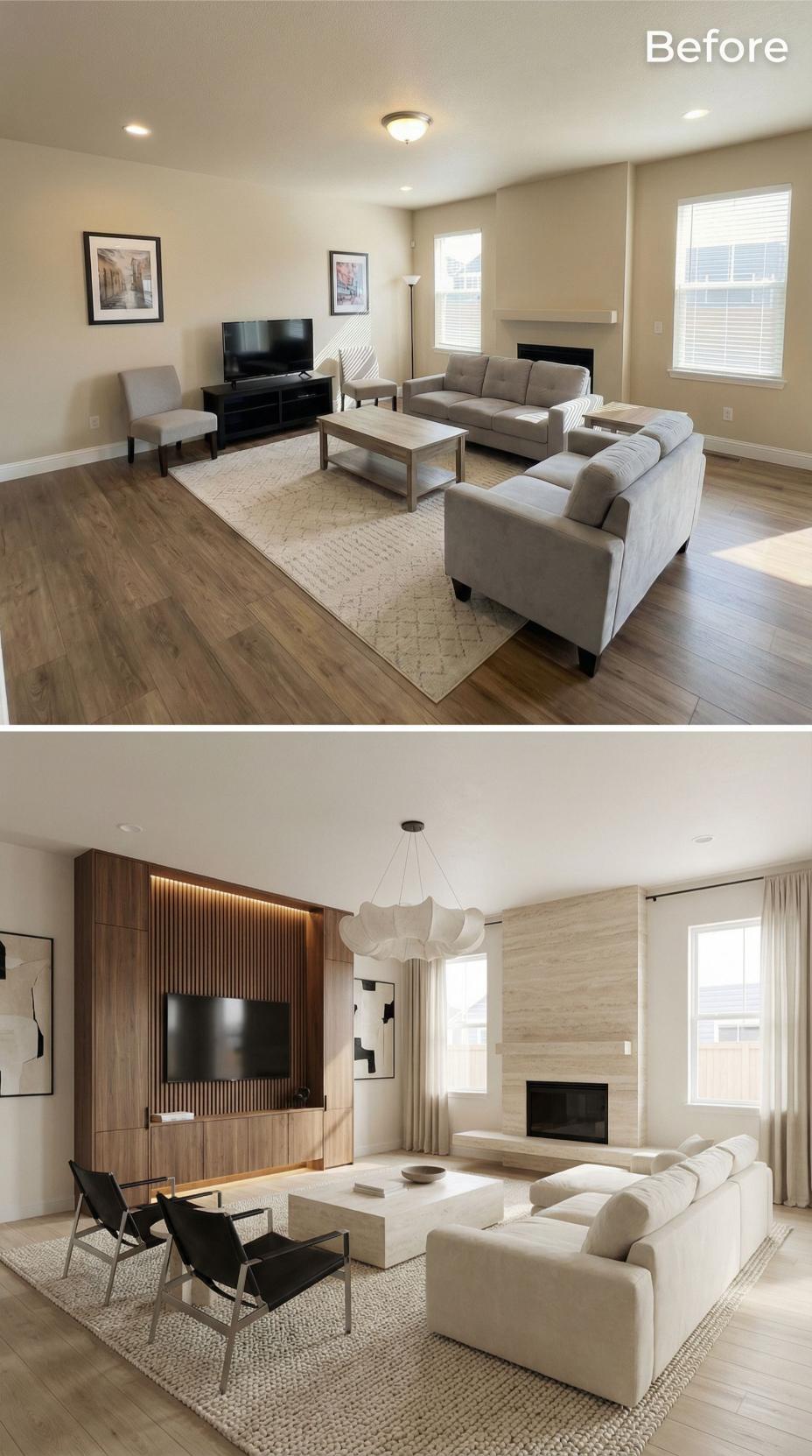 Walnut Slat Media Wall and Travertine Fireplace Surround Erase the TV-Stand Default