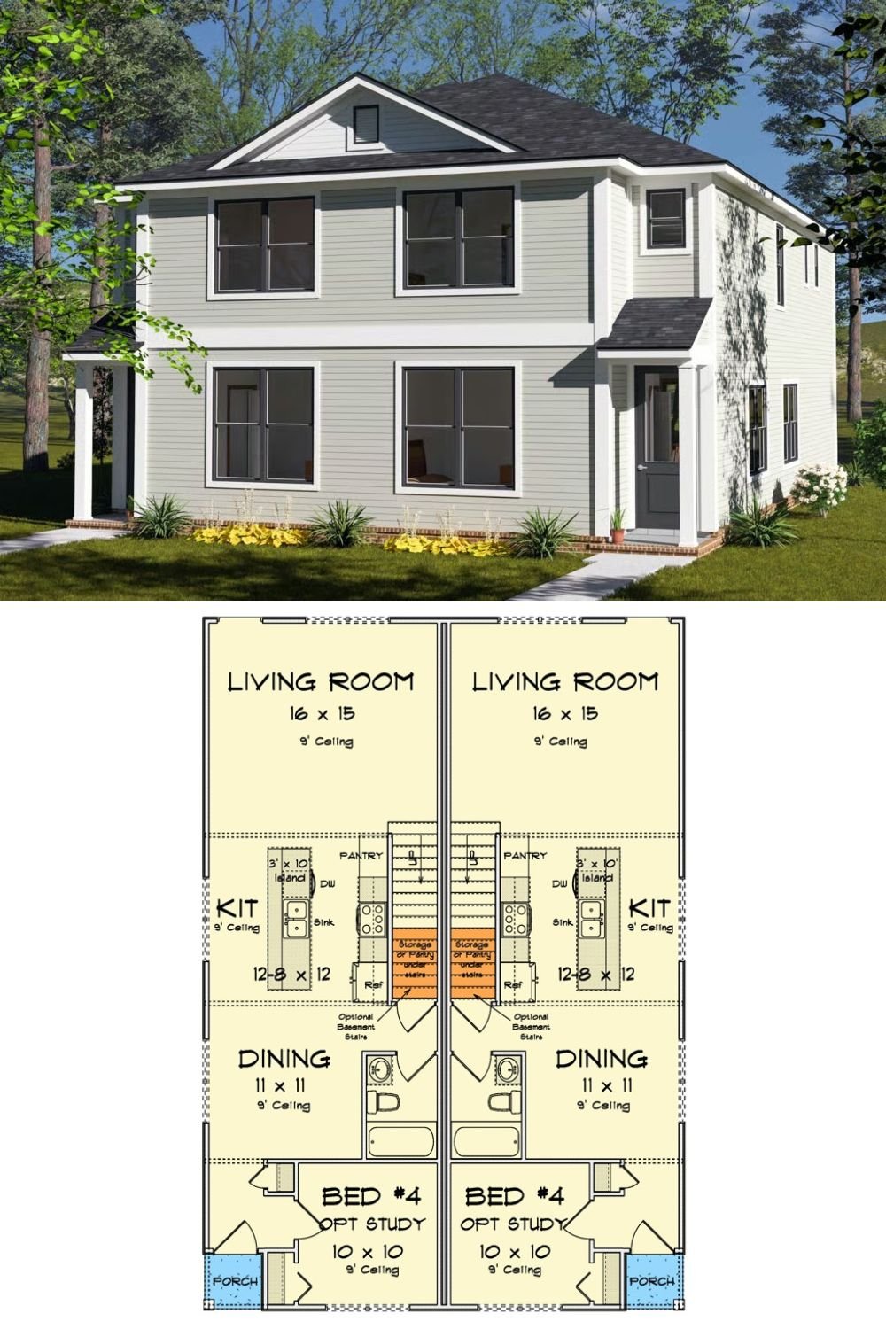 Traditional-Style Duplex with Loft Space and 4-Bed Units (Floor Plan)