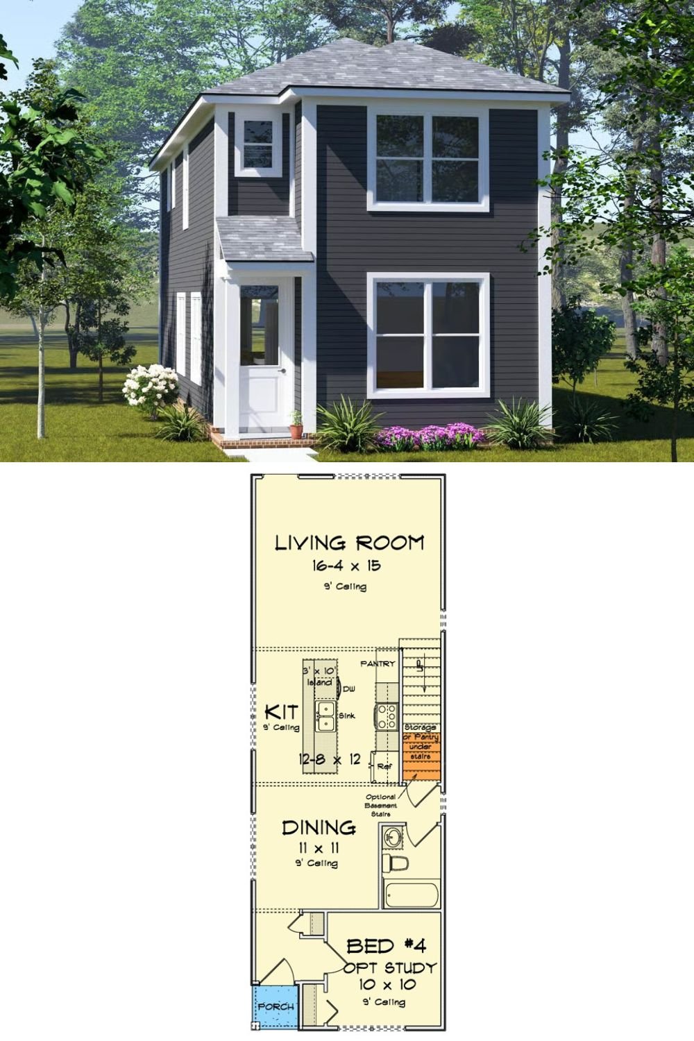 Traditional-Style Home for a Narrow Lot with 4 Bedrooms (Floor Plan)