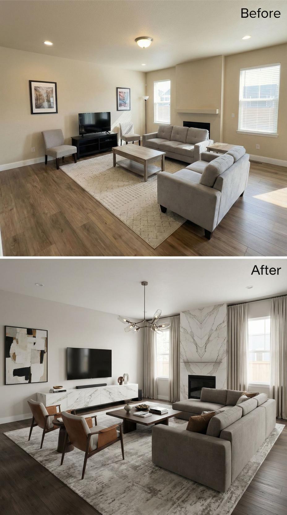 Marble-Wrapped Fireplace and a Sputnik Pendant Finish Off the Beige TV Stand Era