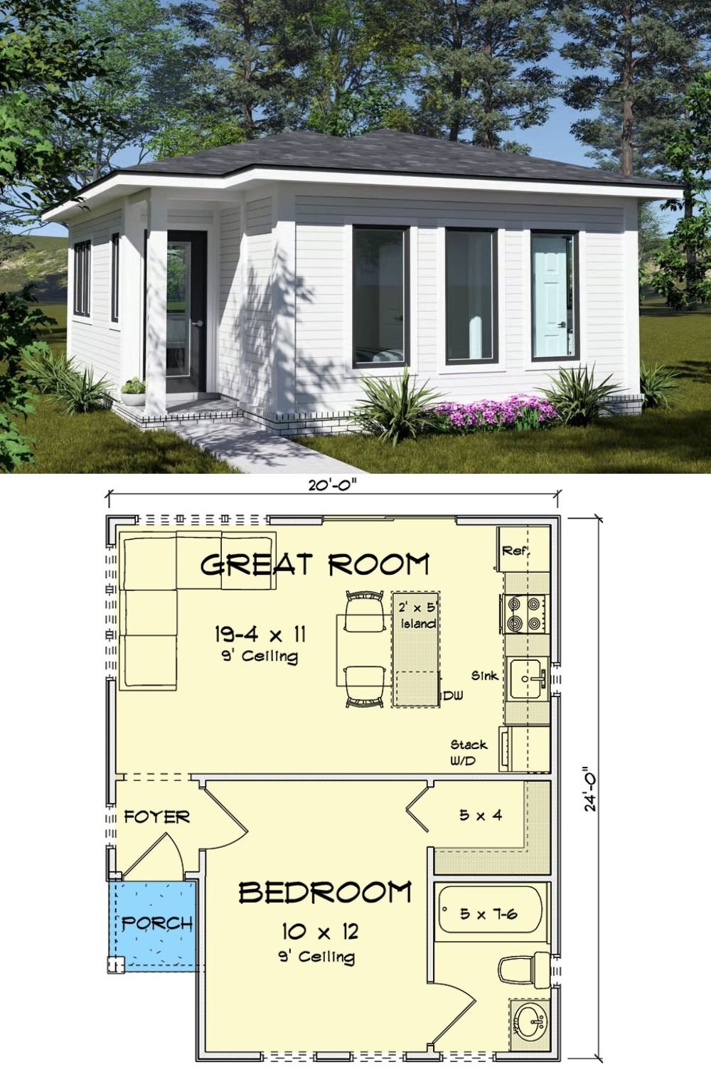 Modern 1-Bedroom Cottage for a Narrow Lot with Open-Concept Living (Floor Plan)