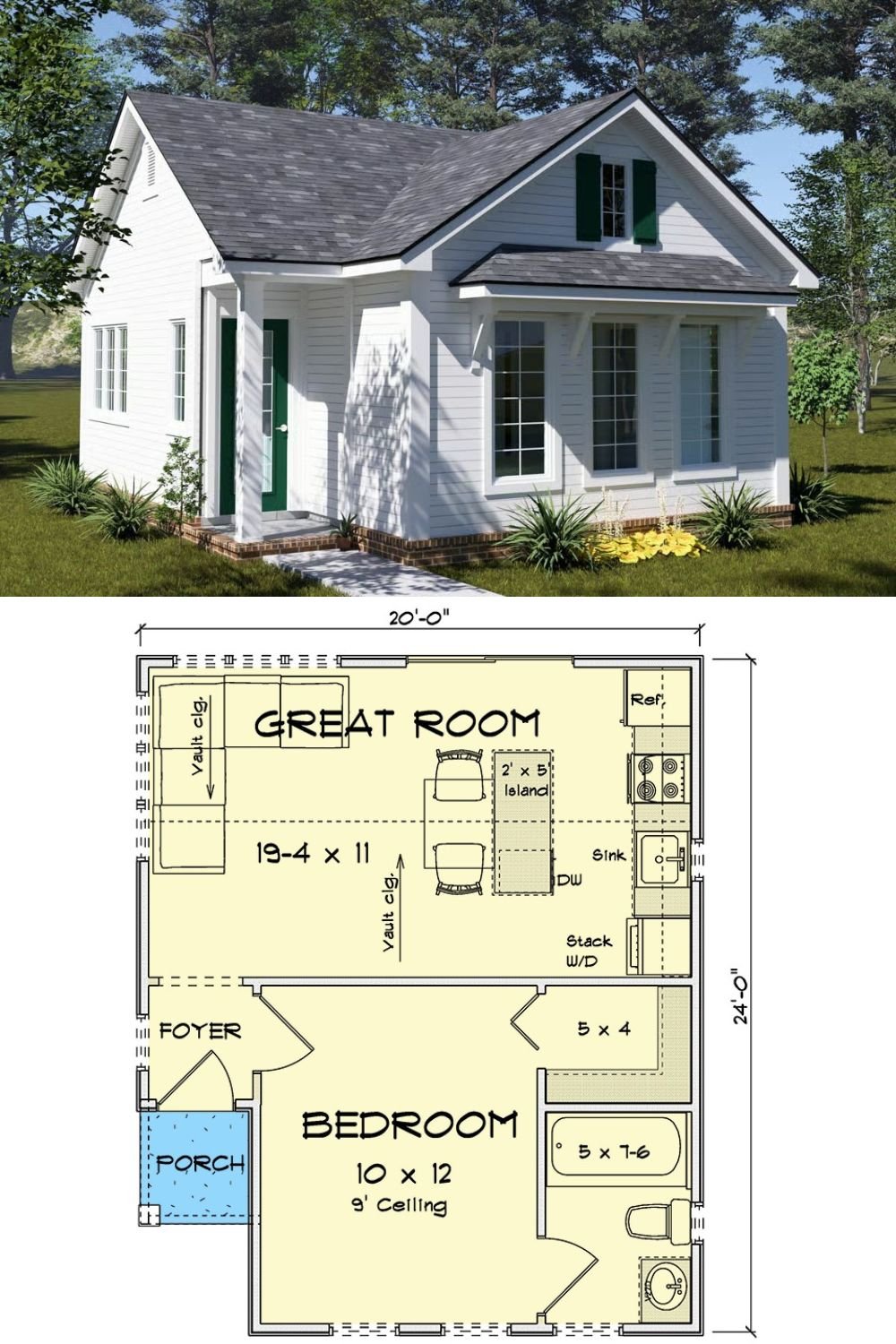 1-Bedroom Traditional Cottage with Open-Concept Living (Floor Plan)