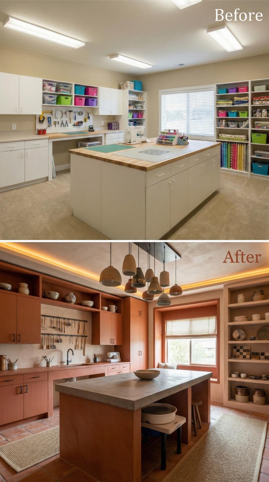 Pegboard Craft Bay Transforms Into Terracotta Kitchen with Ceramic Pendants