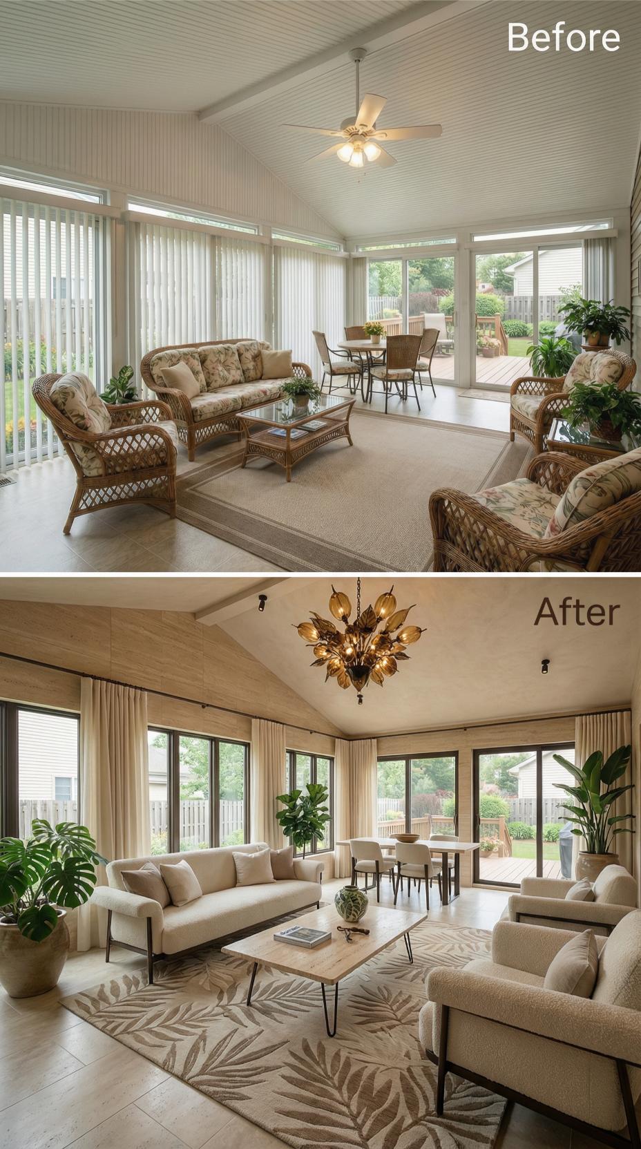 Woven Wicker and Beige Vertical Blinds Exchanged for Linen Drapes and Metallic Chandelier