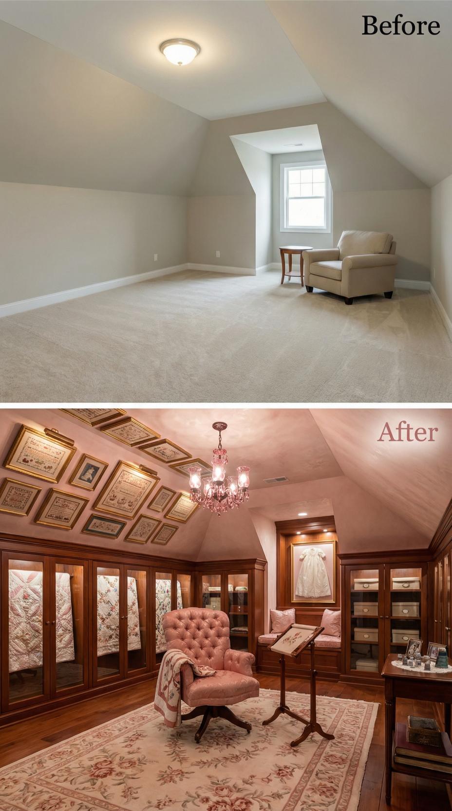 Pink-Toned Dressing Room with Framed Embroidery Wall and Glass Wardrobes