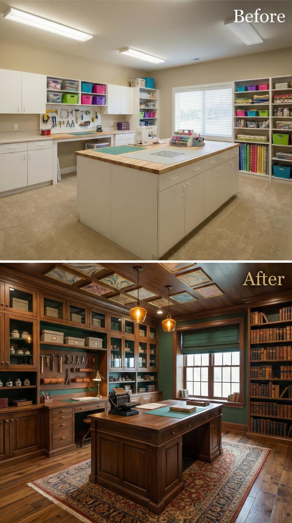 Laminate Pegboard Workspace Replaced by Walnut Study with Decorative Ceiling