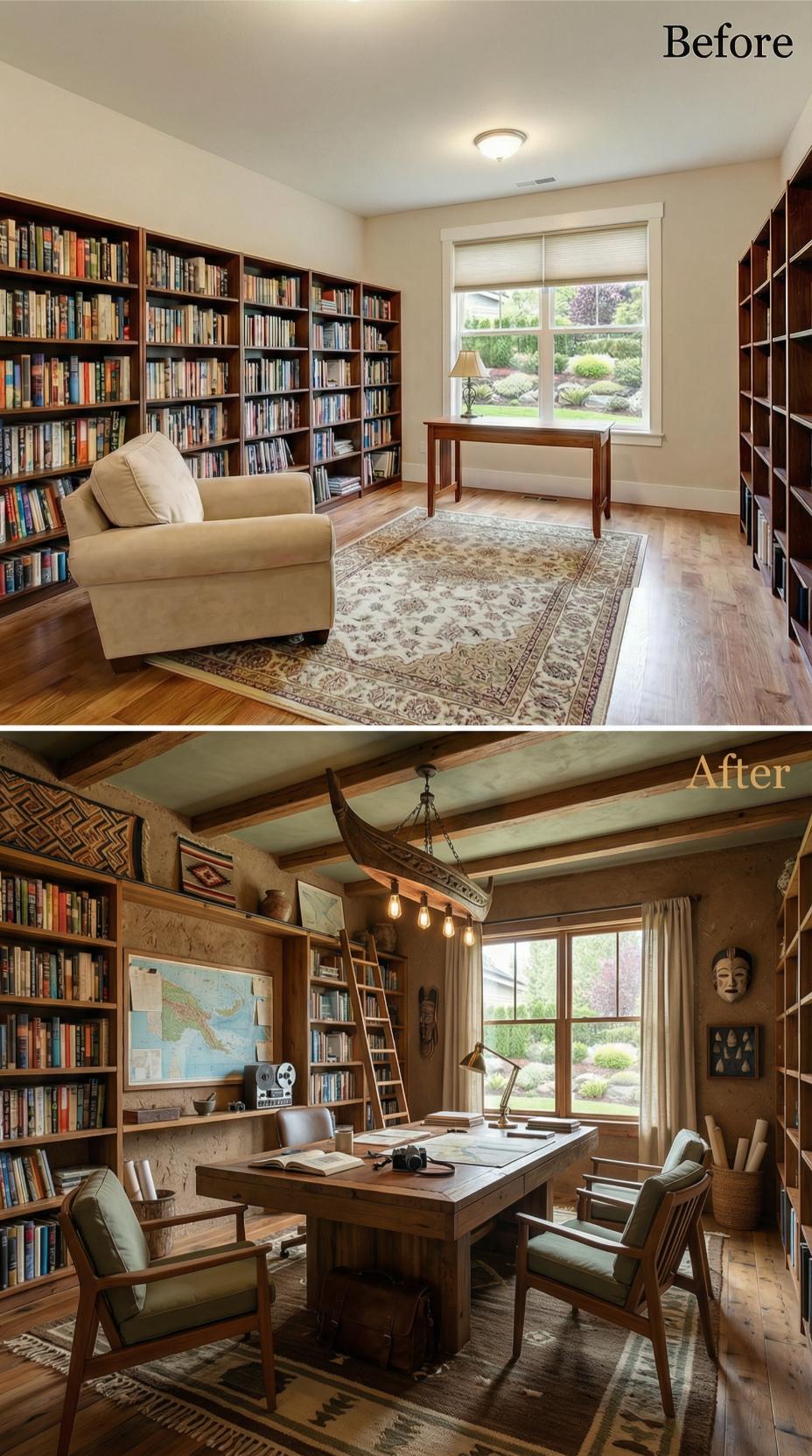 Exposed Beams and Adventure Decor Replace Soft Traditional Shelving
