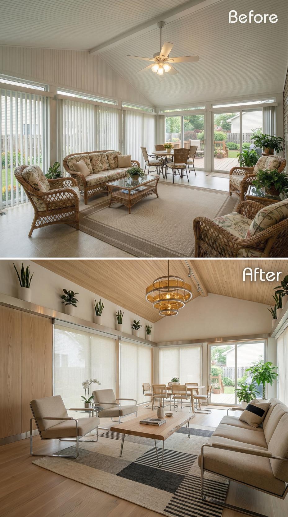 Beadboard and Bulky Rattan Cleared for Slim Steel Frames and Gold Ring Chandelier