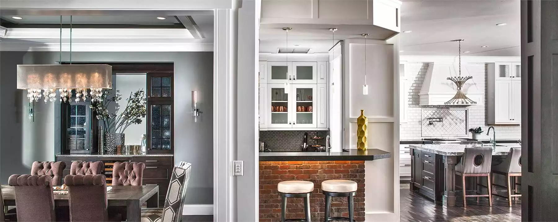Formal Dining Room and Kitchen Bar with Exposed Brick and Glass Cabinetry