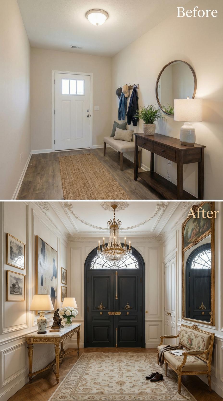 Neoclassical Millwork and Crystal Chandelier Replace Simple Drywall