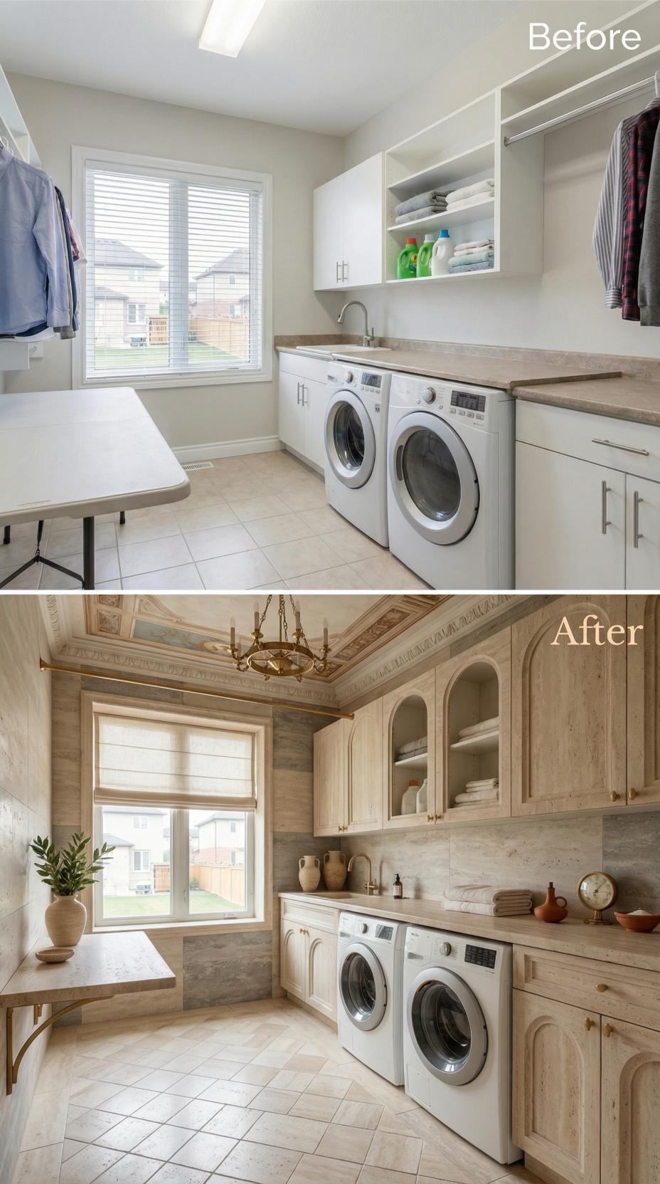 Ornate Crown Molding and Whitewashed Oak Replace Suburban Beige