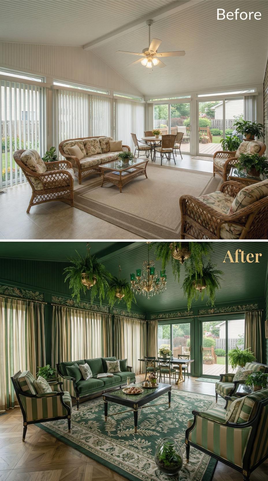 Beige Wicker Gone, Deep Emerald Walls and Velvet Upholstery Arrive