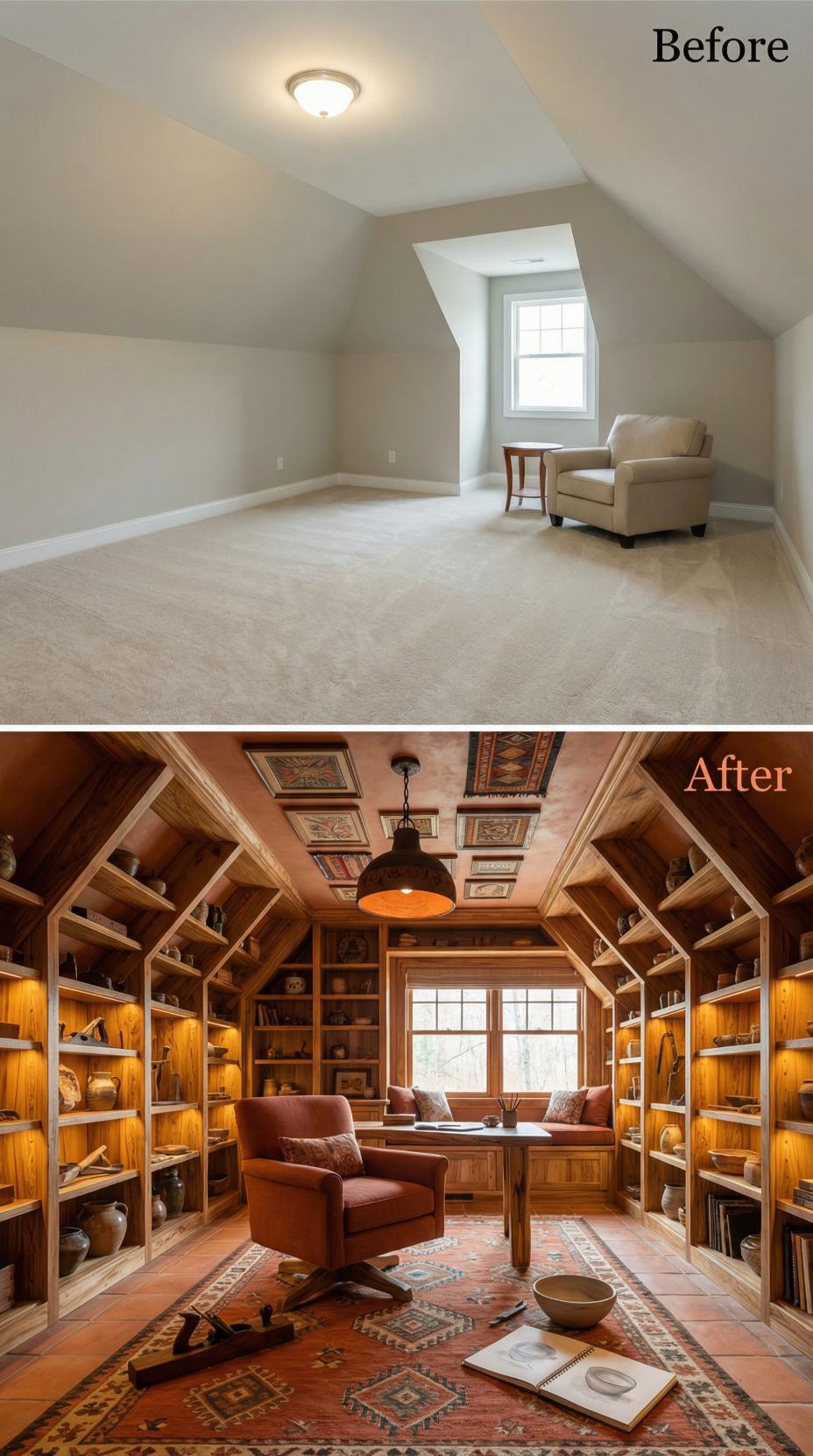 Coffered Tin Ceiling Panels Meet Floor-to-Vaulted Shelving in Terracotta Office