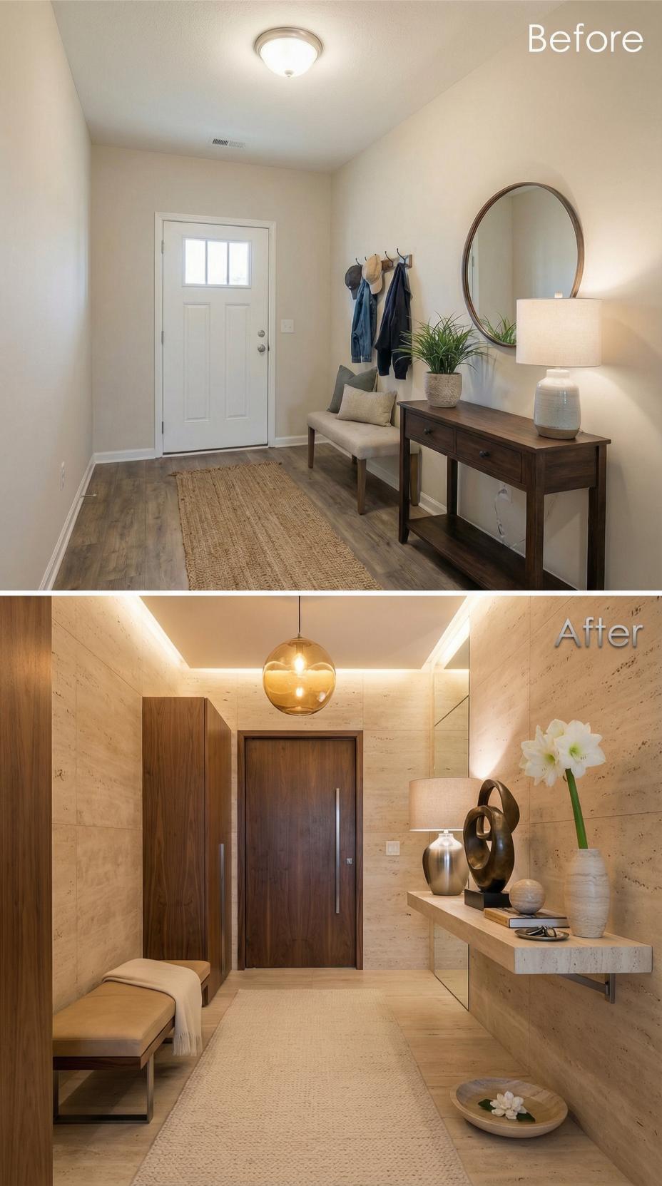 Travertine Walls and Cove Lighting Replace Drywall and Flush Mount