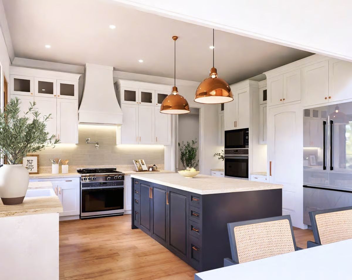 Copper Pendant Lights Drop Low Over the Island to Anchor the Kitchen