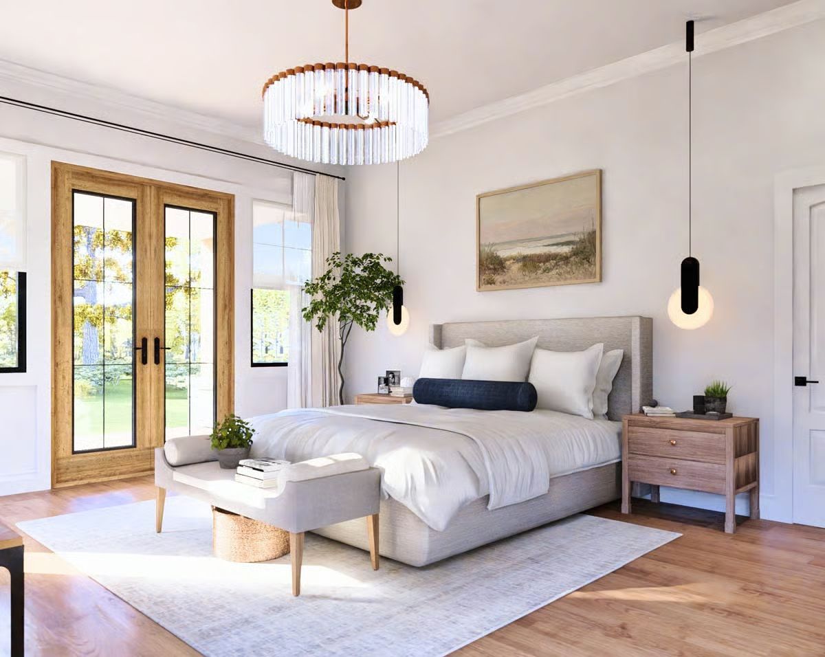 Pendant Lights Hang on Opposite Sides of the Bed to Free Up Nightstand Space
