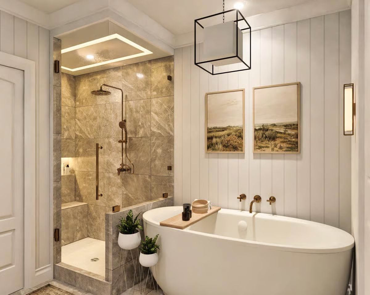 Recessed Ceiling Lighting and Vertical Paneling Draw the Eye Up Over the Tub