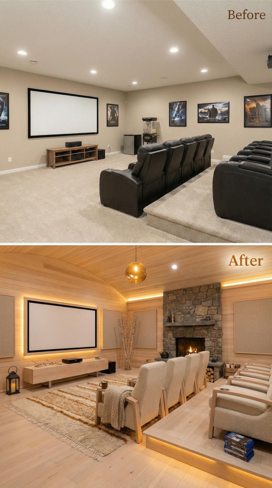 Scandinavian Wood Planks and Stone Fireplace Erase Beige Theater