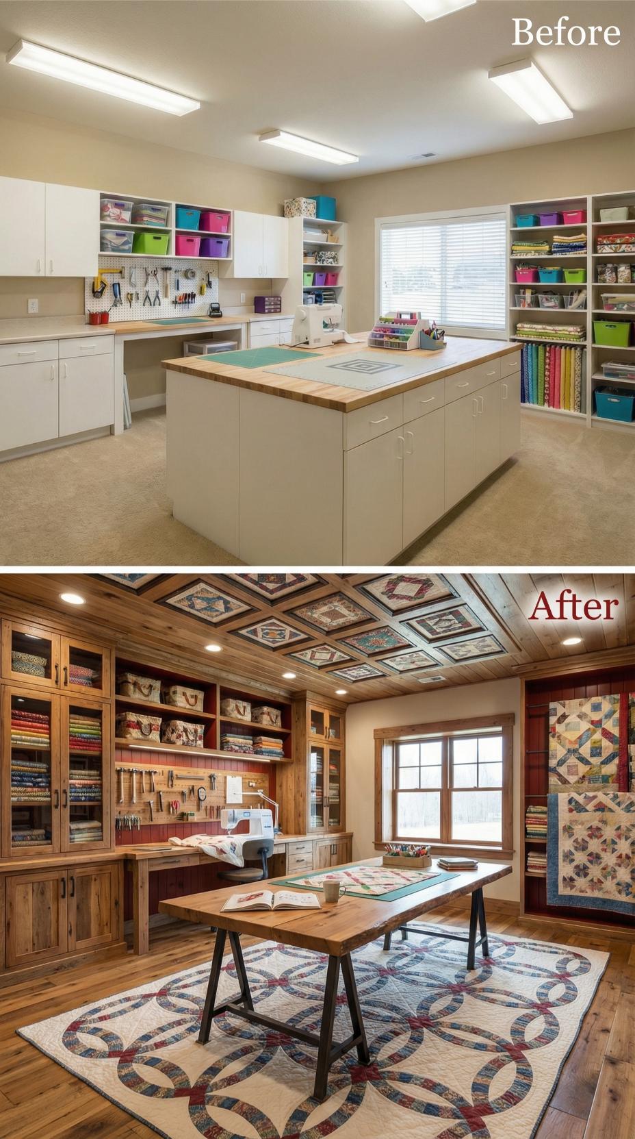 Laminate Island and Fluorescent Tubes Bow to Wood Plank Ceiling and Quilt Gallery