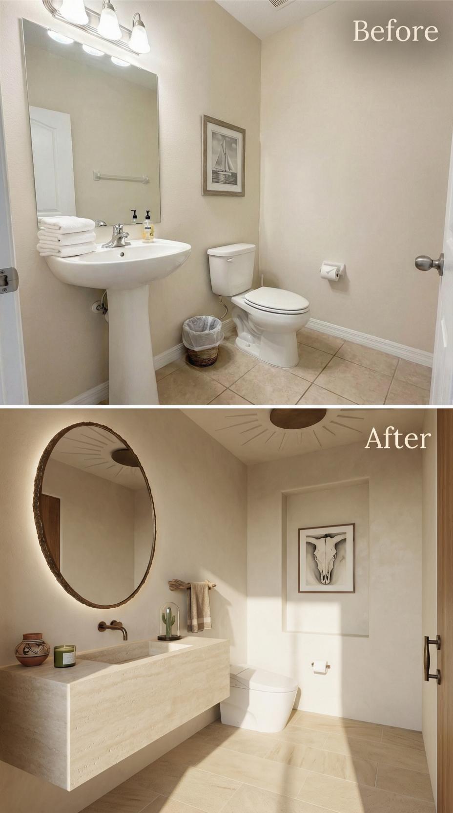 Pedestal Sink Ousted by Cantilevered Stone Slab and Backlit Mirror