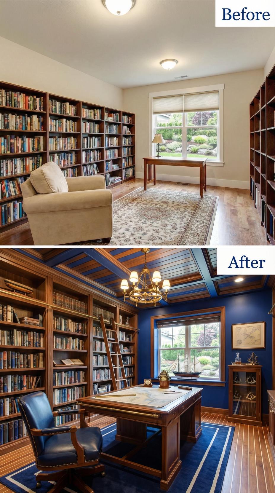 Coffered Nautical Ceiling and Brass Chandelier Anchor Deep Blue Office