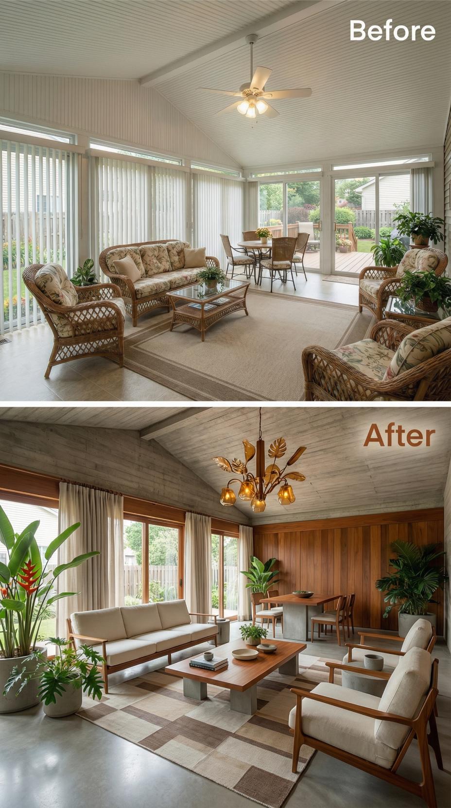 Beadboard Sunroom Gives Way to Walnut Walls and Mid-Century Lounge