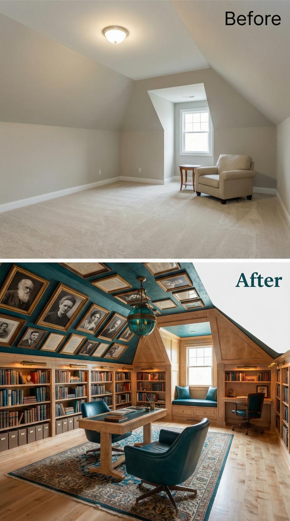 Teal-Ceilinged Archive with Golden-Framed Portrait Wall