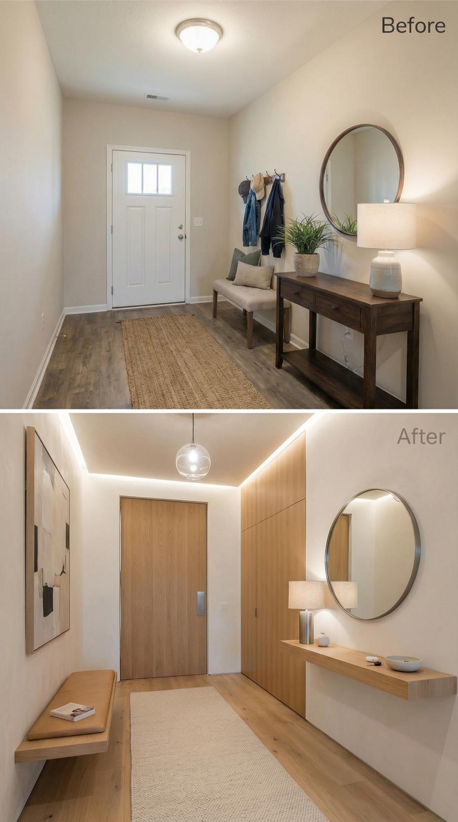 Floating Console and Recessed Ceiling LED Create Minimalist Japanese Entry