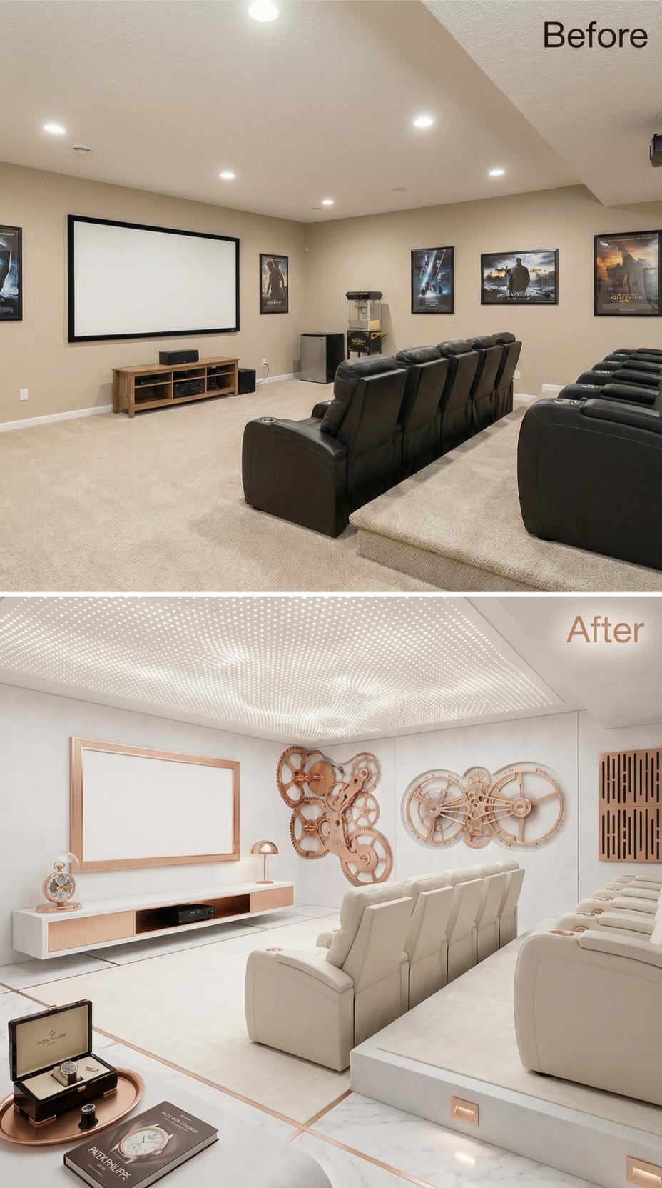 Copper Film Reels and Perforated Ceiling Banish Beige Carpeted Rows